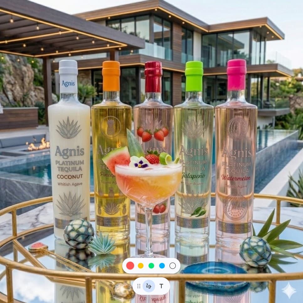 Platinum Tequila flavoured range — five bottles on a gold mirrored tray with a cocktail, luxury poolside terrace at sunset